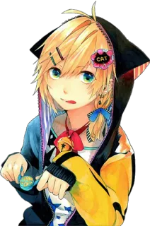 😸 CAT Anime, Gatto, Carino, Capelli Biondi, Felpa con cappuccio, Cartone animato, Personaggio whatsapp sticker