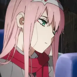 🍭 Zero Two Darling in the Franxx Anime, Cabelo rosa, Zero Two, Darling in the Franxx, Cachecol, Triste, Garota telegram sticker