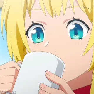 ⚔️ anime meisje, blond haar, blauwe ogen, drinken, schattig, cartoon, meisje, kawaii telegram sticker