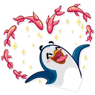 😘 pinguino, pesce, cartone animato, stelle, adesivo, divertente whatsapp sticker