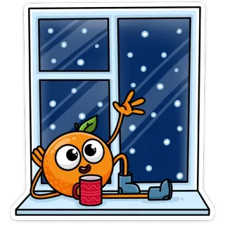 🌚 orange, winter, window, cute, cartoon, snow, fruit telegram sticker