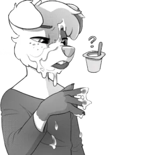 👄 furry, anthropomorphic, dog, messy, eating, yogurt, confused, monochrome, digital art whatsapp sticker