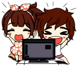 👸 Kreskówka, Szczęśliwy, TV, Oglądanie, Para, Podekscytowany telegram sticker