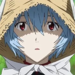 😳 Rei Ayanami Evangelion アニメ, キャラクター, 女性, 青髪, 帽子 telegram sticker