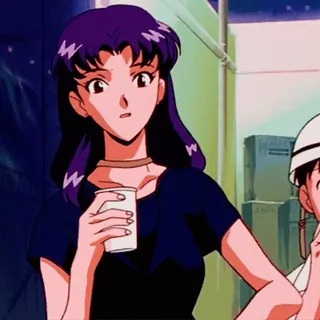 🌸 Misato Katsuragi Neon Genesis Evangelion Anime, Femme, Cheveux violets, Boisson, Personnage whatsapp sticker