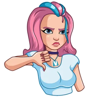 👎 jempol ke bawah, tidak suka, wanita, rambut merah muda, kartun, negatif, gadis telegram sticker