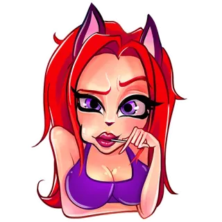😏 Katzenmädchen, Anime, Aufkleber, Cartoon, Rote Haare, Lila Augen telegram sticker