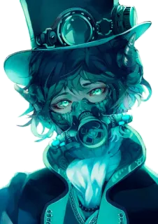 🤔 steampunk, gas mask, top hat, anime, fantasy, futuristic, blue, goggles whatsapp sticker