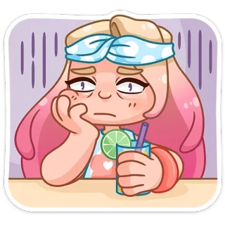 😞 Dessin animé, Fatigué(e), Boisson, Citron, Triste, Fille telegram sticker