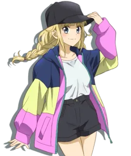 😍 dziewczyna anime, blond włosy, czapka, na co dzień, kreskówka, kurtka whatsapp sticker