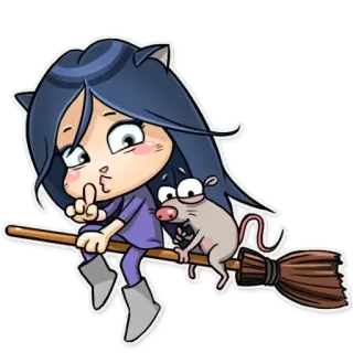 🤫 witch, cat, broom, cartoon, fantasy, mouse, animal, cute whatsapp sticker