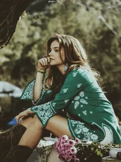 ⛰ woman, dress, portrait, outdoor, sitting, nature, green, bohemian whatsapp sticker