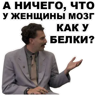 😒 Borat А НИЧЕГО, ЧТО У ЖЕНЩИНЫ МОЗГ КАК У БЕЛКИ? borat, komedi, film, sarkasme, meme telegram sticker