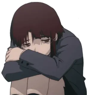 😞 Iwakura Lain Serial Experiments Lain anime, character, sad, lonely, sitting, brown hair, cyberpunk telegram sticker