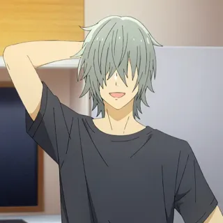 ✏️ anime, boy, smiling, grey hair, black t-shirt telegram sticker