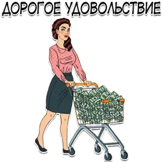 🤑 ДОРОГОЕ УДОВОЛЬСТВИЕ wanita, belanja, uang, mahal, kesenangan, keranjang, tunai whatsapp sticker