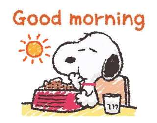 🌞 Snoopy Good morning chien, dessin animé, matin, petit déjeuner, mignon, cacahuètes telegram sticker