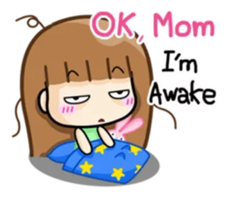 🙄 OK, Mom I'm Awake cartoon, sleepy, morning, wake up, girl, cute, bed whatsapp sticker