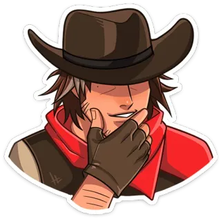 ⭐ kowboj, kapelusz, western, myślenie, uśmieszek, postać, naklejka telegram sticker