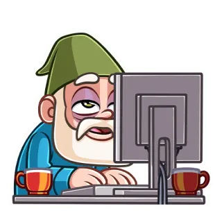 😩 gnomo, computador, cansado, sonolento, café, desenho animado, escritório telegram sticker