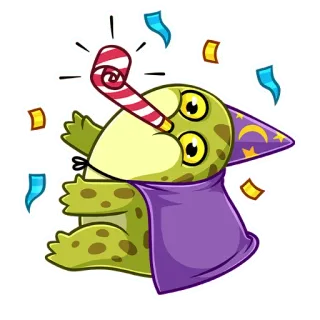 🥳 celebration, party, confetti, frog, wizard, magic, cartoon telegram sticker
