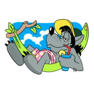 😋 lobo, rede, desenho animado, relaxante, verão, bebida whatsapp sticker
