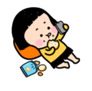 😶 Мультфильм, Перекус, Девушка, Милый, Ест, Лежит, Чипсы, Телефон telegram sticker
