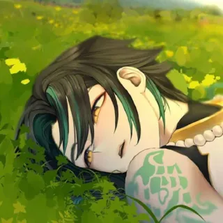 🪀 Xiao Genshin Impact Anime, Videojuego, Xiao, Genshin Impact, pelo verde, ojos amarillos, acostado telegram sticker