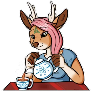 ☕️ Furry, Cervo, Antropomorfo, Tè, Teiera, Bevanda, Carino, Cartone animato, Personaggio whatsapp sticker