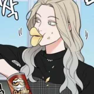 😩 femme, goûter, chips, dessin animé, nourriture, Pringle, blonde, yeux telegram sticker