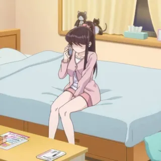 😥 Komi Shouko Komi Can't Communicate 애니메이션, 소녀, 침실, 고양이, 핸드폰 telegram sticker