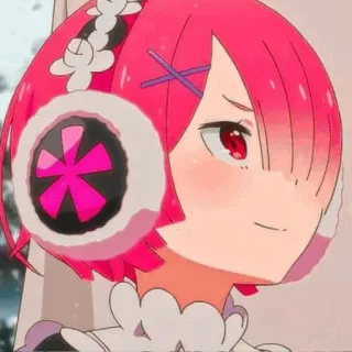 ✨ Ram Re:Zero Anime, Dessin animé, Fille, Mignon, Cheveux roses, Cache-oreilles, Re Zero telegram sticker