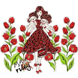 🌹 女人, 花, 狗, 连衣裙, 插图 telegram sticker