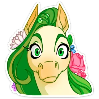 😠 poney, cheval, dessin animé, animal, autocollant, vert, floral, mignon telegram sticker