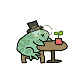🎩 ếch, hoạt hình, mũ chóp, kính, cây, bàn, dễ thương, kỳ quặc telegram sticker