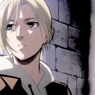 🦢 Annie Leonhart Attack on Titan Anime, Personagem, Desenho animado, Feminino, Cabelo loiro, Parede, Mangá telegram sticker