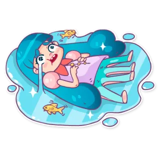 😭 chica, dibujos animados, pez, agua, pelo azul, lindo, pegatina telegram sticker
