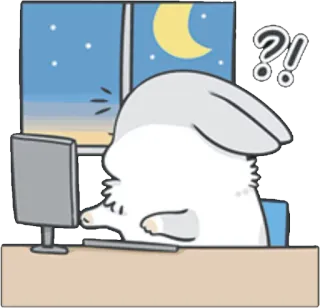 🌙 konijn, konijn, computer, nacht, verward, vraag, desktop telegram sticker