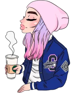 🥤 American League ragazza, caffè, Starbucks, moda, berretto, giacca, casual telegram sticker