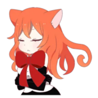 😔 SD 캐릭터, 고양이 귀, 애니메이션, 여자, 주황색 머리, 빨간 리본 telegram sticker