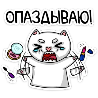 🏇 ОПАЗДЫВАЮ! кот, макияж, стикер, русский, поздно, спешка, мультфильм whatsapp sticker