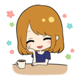 🙇 mulher, café, fofo, flores, sorriso, desenho animado whatsapp sticker