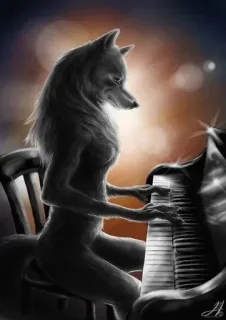 🌟 wolf, piano, music, furry, animal, anthropomorphic, art telegram sticker