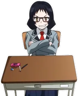 😁 anime, schoolgirl, desk, glasses, uniform, character whatsapp sticker