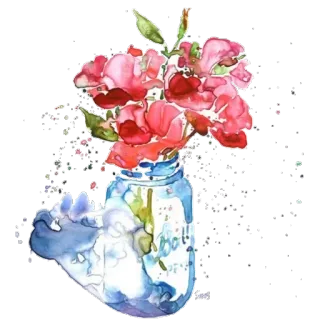 🌸 flowers, mason jar, watercolor, floral, arrangement, red flowers, blue jar telegram sticker