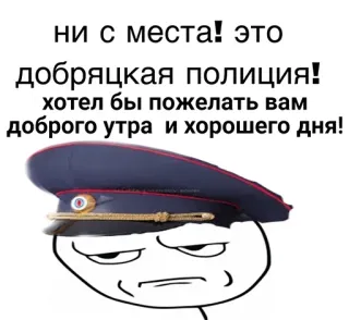 😁 ни с места! это
добряцкая полиция!
хотел бы пожелать вам
доброго утра и хорошего дня! russian, police, meme, good morning, good day telegram sticker