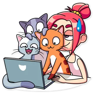 😅 mulher, gatos, laptop, desenho animado, internet, fofo, trabalhando, digital telegram sticker