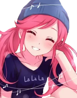 😊 La La La La อนิเมะ, เพลง, การ์ตูน, ผมสีชมพู, มีความสุข, ยิ้ม, หมวก telegram sticker