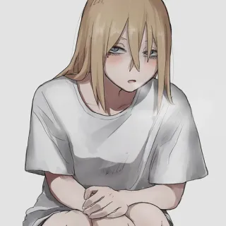 🤨 anime, girl, sitting, blonde hair, t-shirt telegram sticker