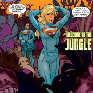 🦸‍♂ Kara BE CAREFUL, KARA, WE'RE NOT ON EARTH ANYMORE...RELAX, KAL, WHAT COULD POSSIBLY HURT US OUT HERE?WELCOME TO THE JUNGLE superhero, jungle, adventure, comic, superman, woman, man telegram sticker